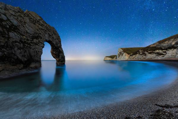 Durdle Door, Пляж, Ночь, Звезды, Море, Англия, HD, 2K, 4K, 5K