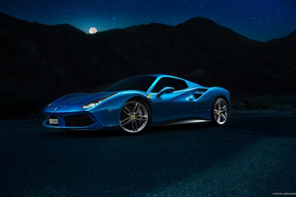 Ferrari 488 Spyder, Ночь, Луна, Горы, Силуэт, HD, 2K, 4K