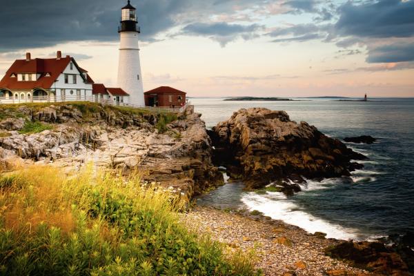 Portland Head Light, Мыс Элизабет, Штат Мэн, Сша, Море, Океан, Вода, Скалы, Небо, Облака, HD, 2K