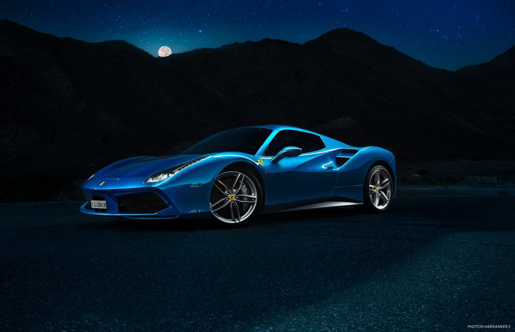 Ferrari 488 Spyder, Ночь, Луна, Горы, Силуэт, HD, 2K, 4K