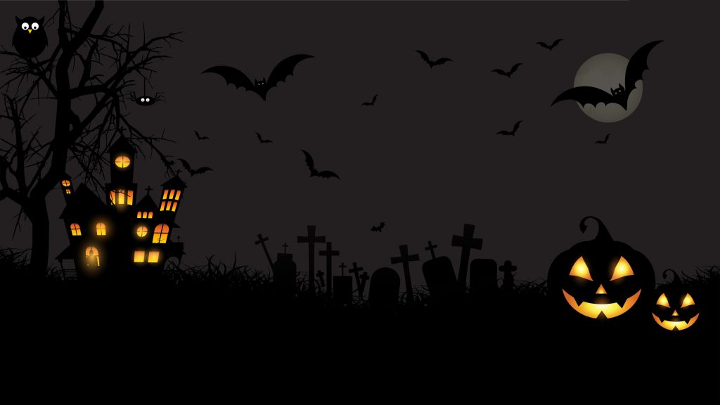 Хэллоуин, Замок, Луна, Тыквы, Летучие Мыши, Луна, Совы, Graveyard, Scary, Minimal, HD, 2K