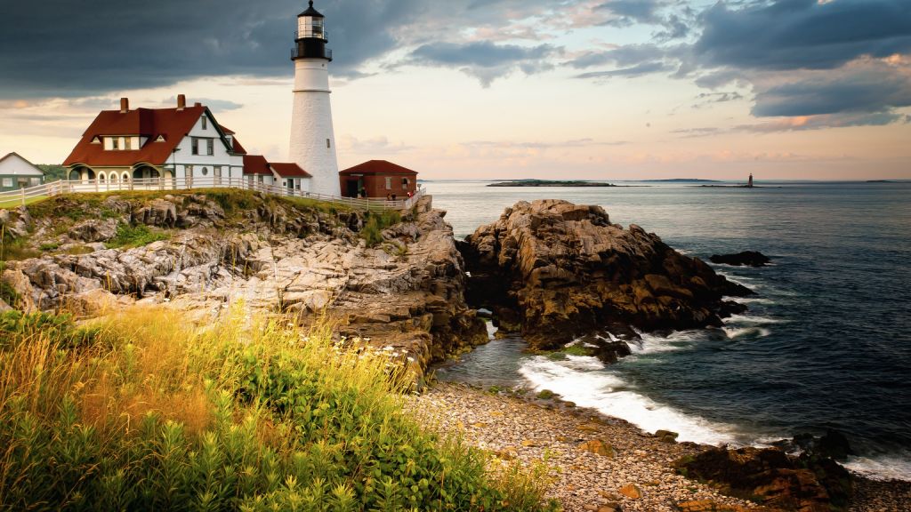 Portland Head Light, Мыс Элизабет, Штат Мэн, Сша, Море, Океан, Вода, Скалы, Небо, Облака, HD, 2K